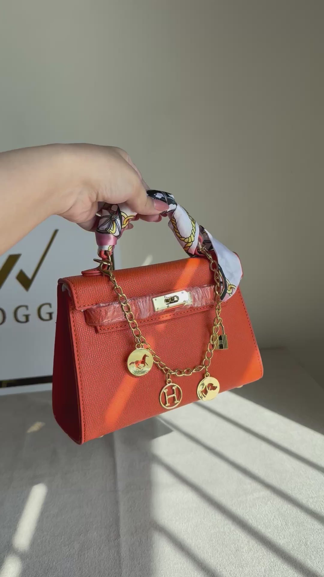 Hermes Kelly BOX PACKING with Chain and Scarf (Orange)