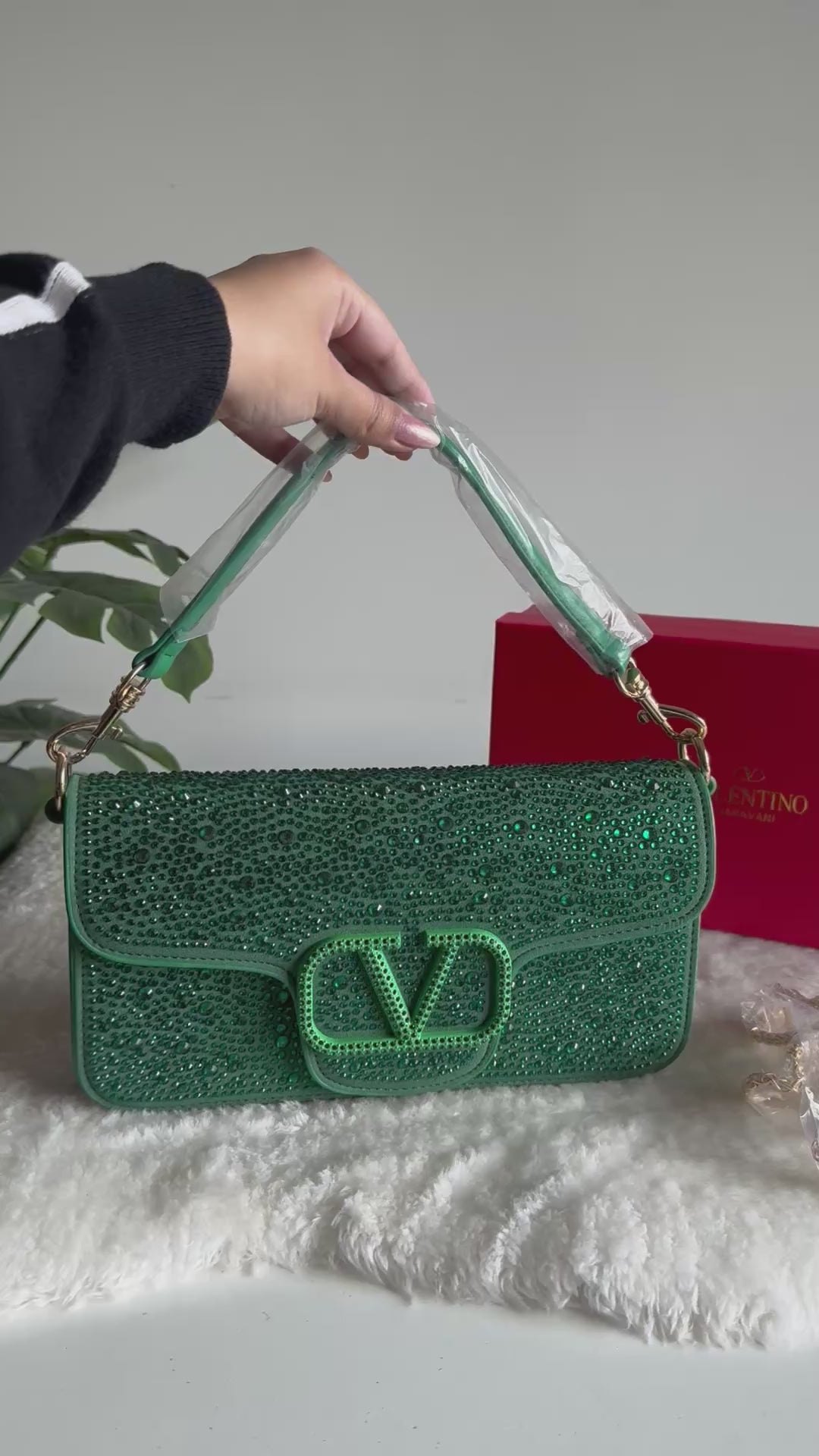 Valentino Loco Rhinestone PREMIUM Handbag with Box Packing - Emerald Green