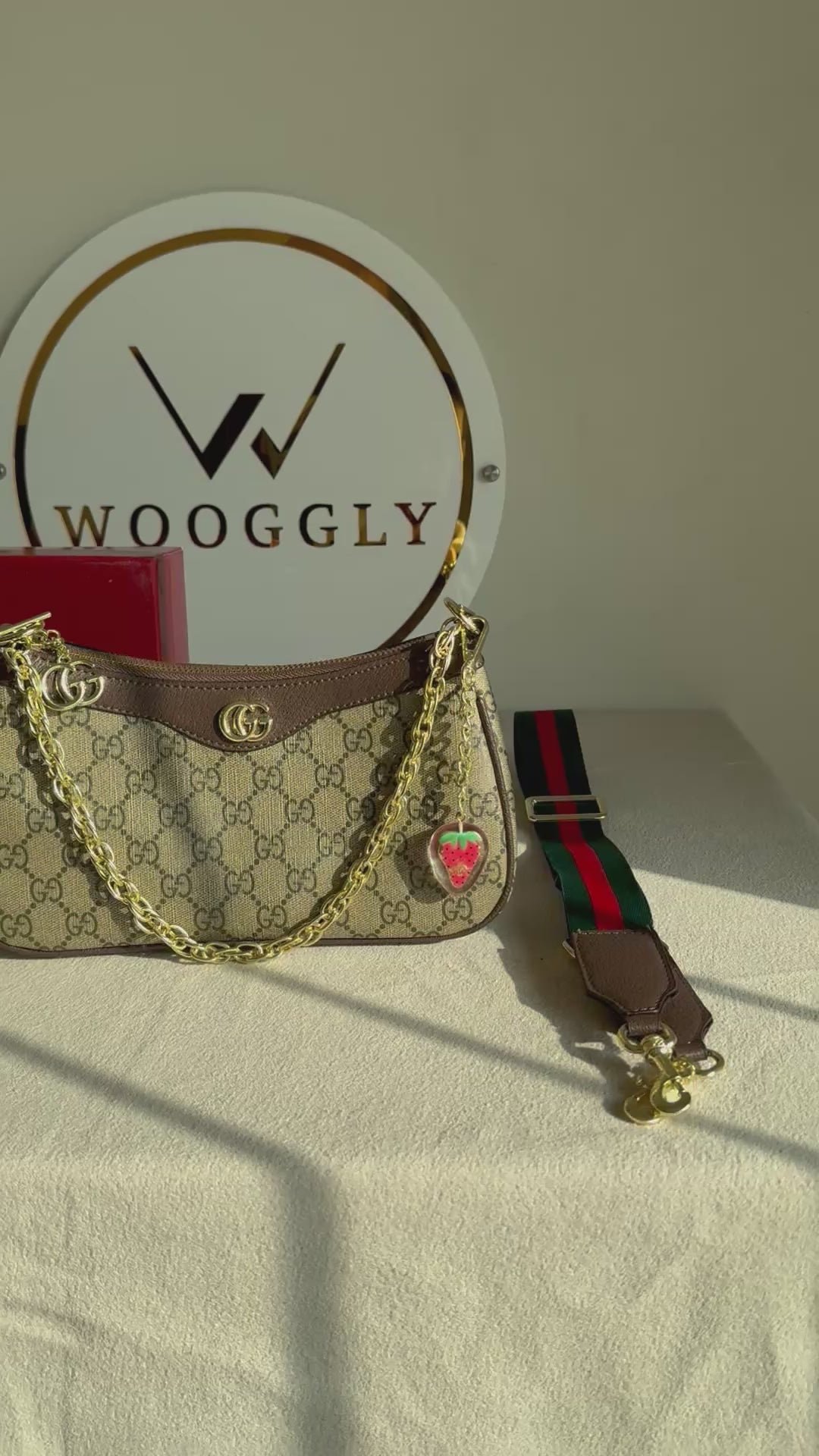 GUCCI Sling with Long Strap & Strawberry Charm - Signature Brown with Box Packing